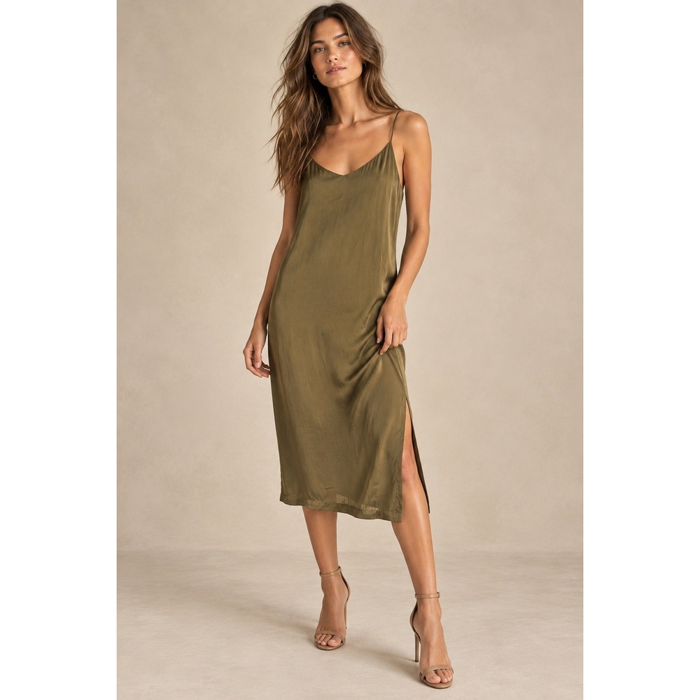 Ganni Sanders Satin Slip Dress Olive Green Midi Spaghetti Strap V-Neck Size M